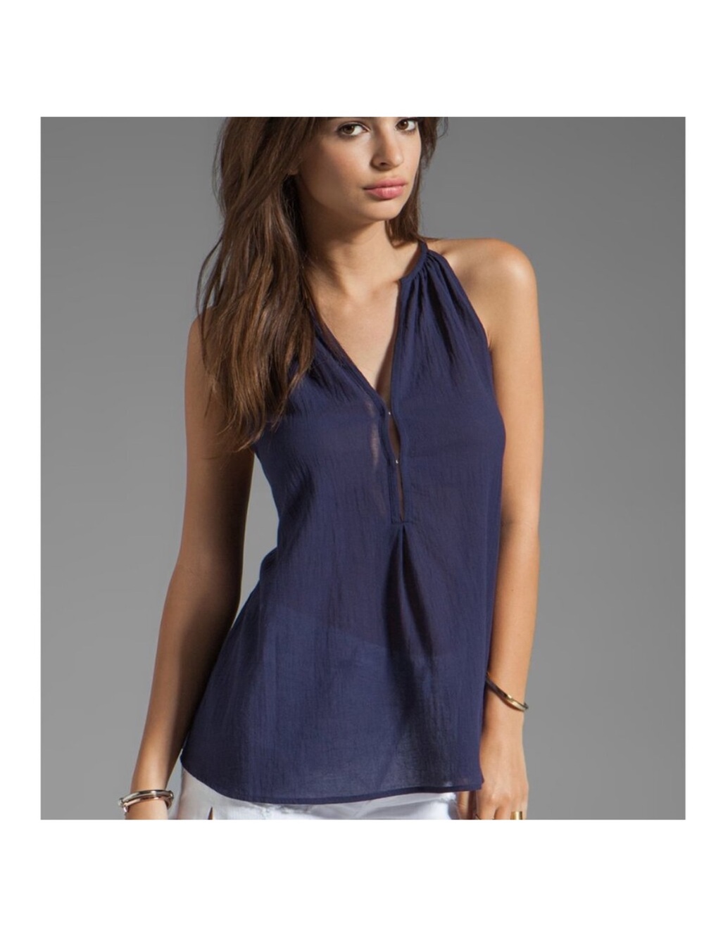 Joie Navy Sleeveless Gauzey Halter V-Neck Tank Top
